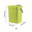 Green trash bin with dimensions on a white background