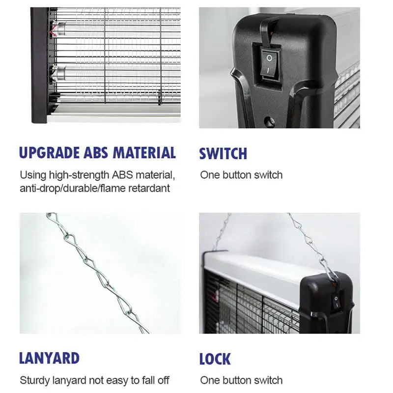 Product features including upgrade ABS material, switch, lanyard, and lock on a white background.