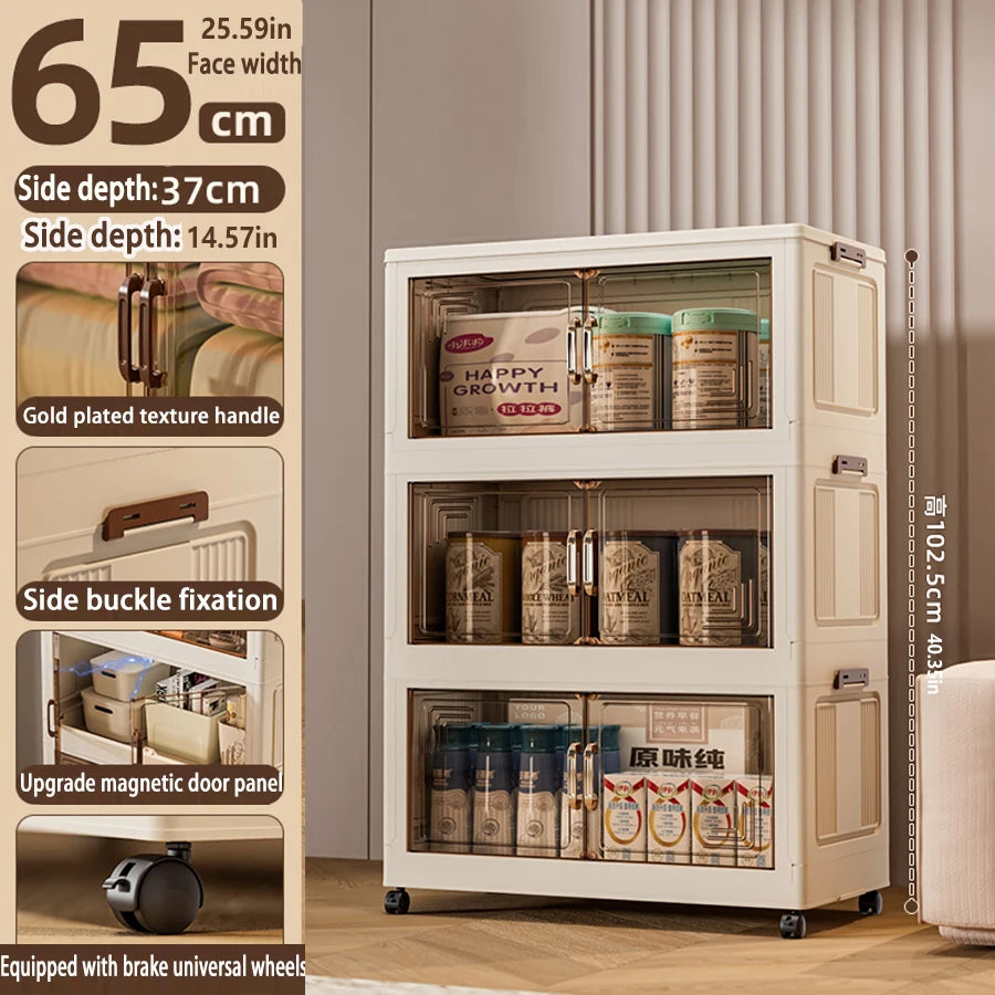 Storage cabinet with product display, featuring dimensions and features on the left.
