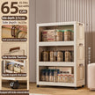 Storage cabinet with product display, featuring dimensions and features on the left.