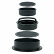 Black metal grill components on a white background