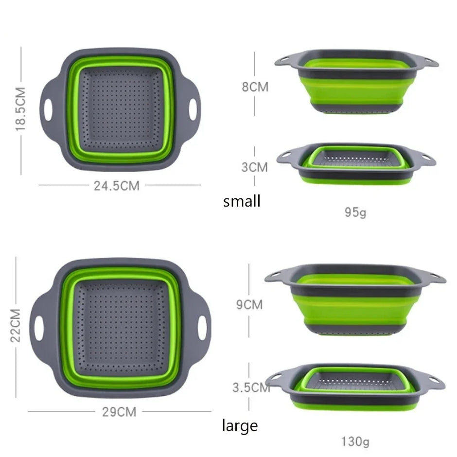 Collapsible colander with green interior and gray exterior, shown in small and large sizes with measurements.