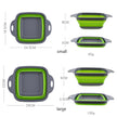 Collapsible colander with green interior and gray exterior, shown in small and large sizes with measurements.