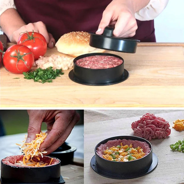 Black meat patty maker being used to shape ground meat on a wooden cutting board with ingredients.