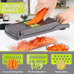 Vegetable grating tool with carrots being grated, showing different blades on a kitchen background.