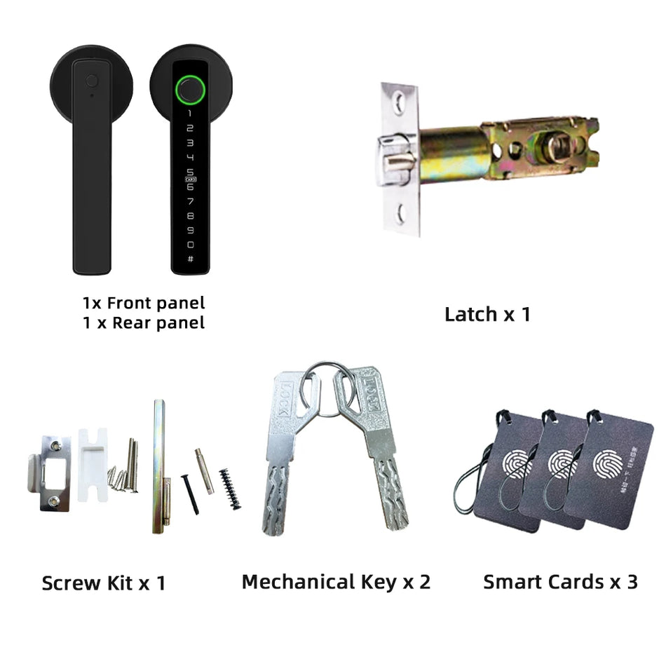 Set of door lock components including front and rear panels, latch, screw kit, mechanical keys, and smart cards on a white background.