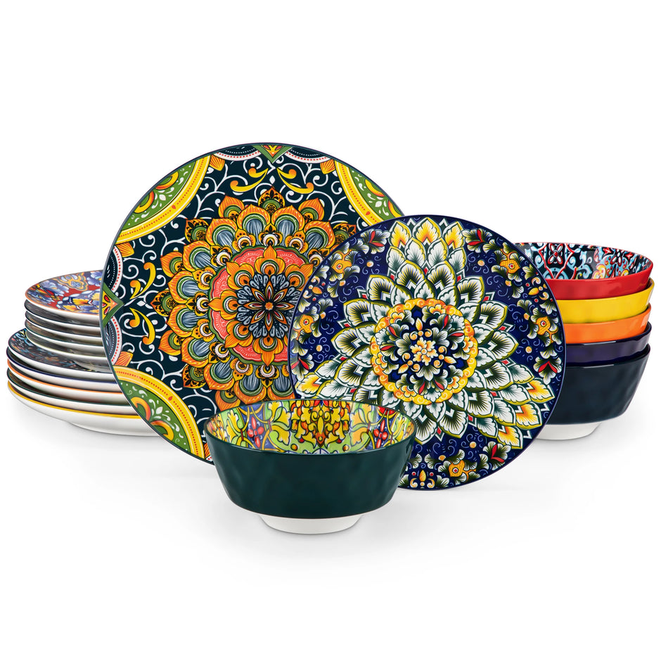 Colorful ceramic plates with mandala designs on a white background