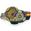 Colorful ceramic plates with mandala designs on a white background