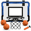 Mini basketball hoop set with three basketballs and a pump on a white background