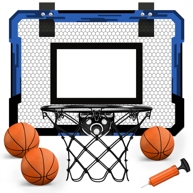 Mini basketball hoop set with three basketballs and a pump on a white background