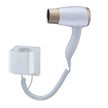 White wall-mounted hair dryer with beige nozzle on a white background