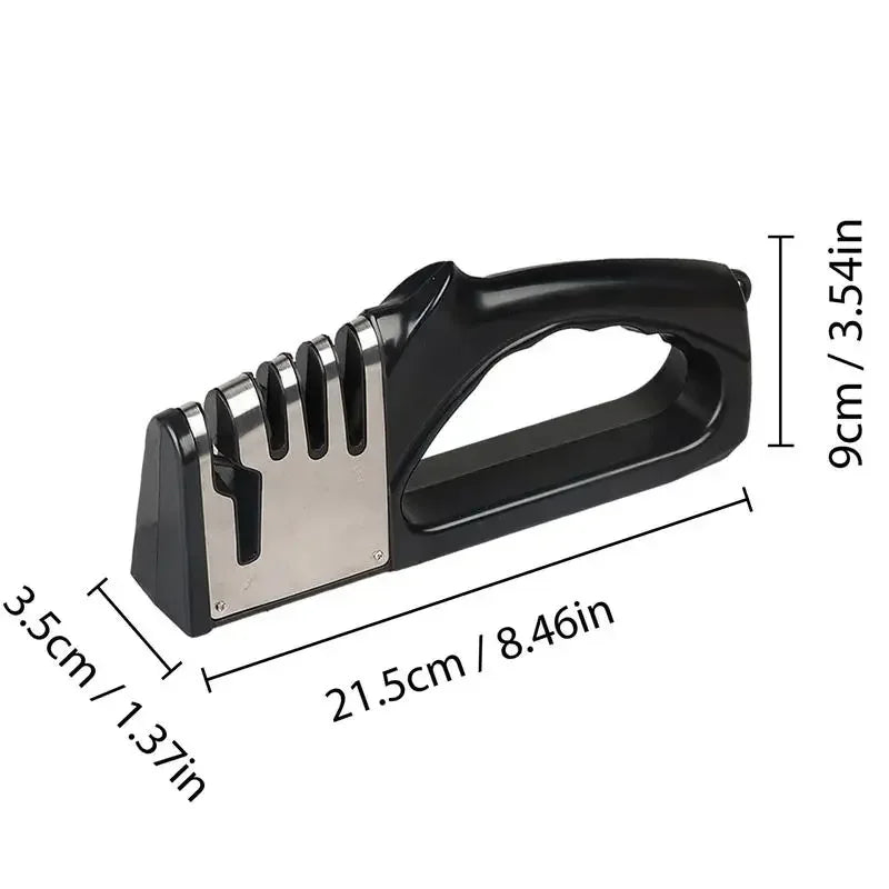Knife sharpener with dimensions labeled on a white background