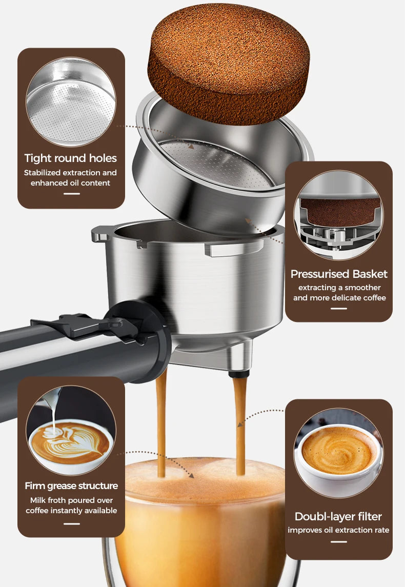 ماكينة إسبريسو Cafelffe شبه أوتوماتيكية – 19 بار، ذراع بخار، تحضير ساخن وبارد