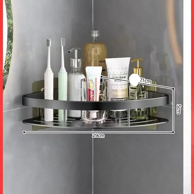 Bathroom shelf with toiletries against a gray wall