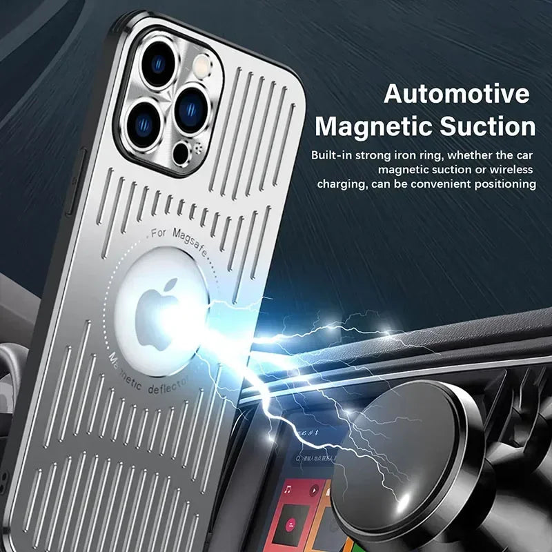Phone case with magnetic suction feature on a dark background