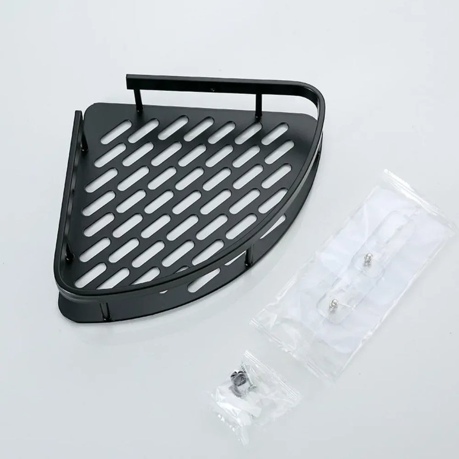 Black corner shelf with installation hardware on a white background
