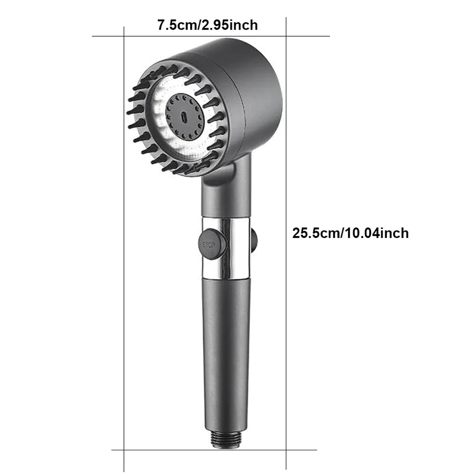 Handheld shower head with measurements on a white background