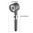 Handheld shower head with measurements on a white background