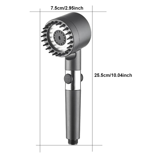 Handheld shower head with measurements on a white background