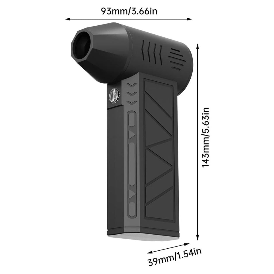 Black handheld device with dimensions labeled on a white background