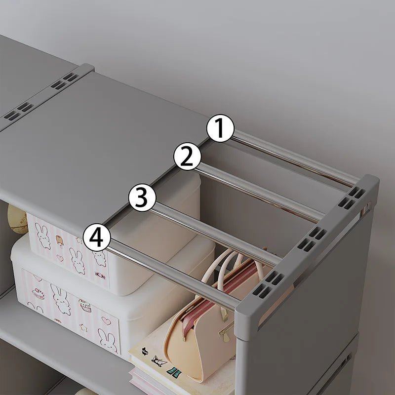 Gray shelf with a metal rack and storage bins on a white background