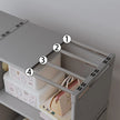 Gray shelf with a metal rack and storage bins on a white background