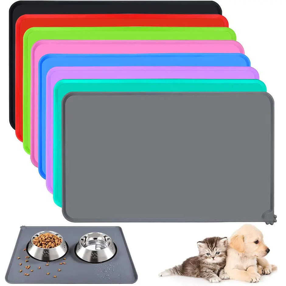 Set of colorful silicone pet mats with a gray mat featuring two bowls and pets.