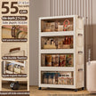 Storage cabinet with transparent doors displaying various items, with dimensions and features highlighted.