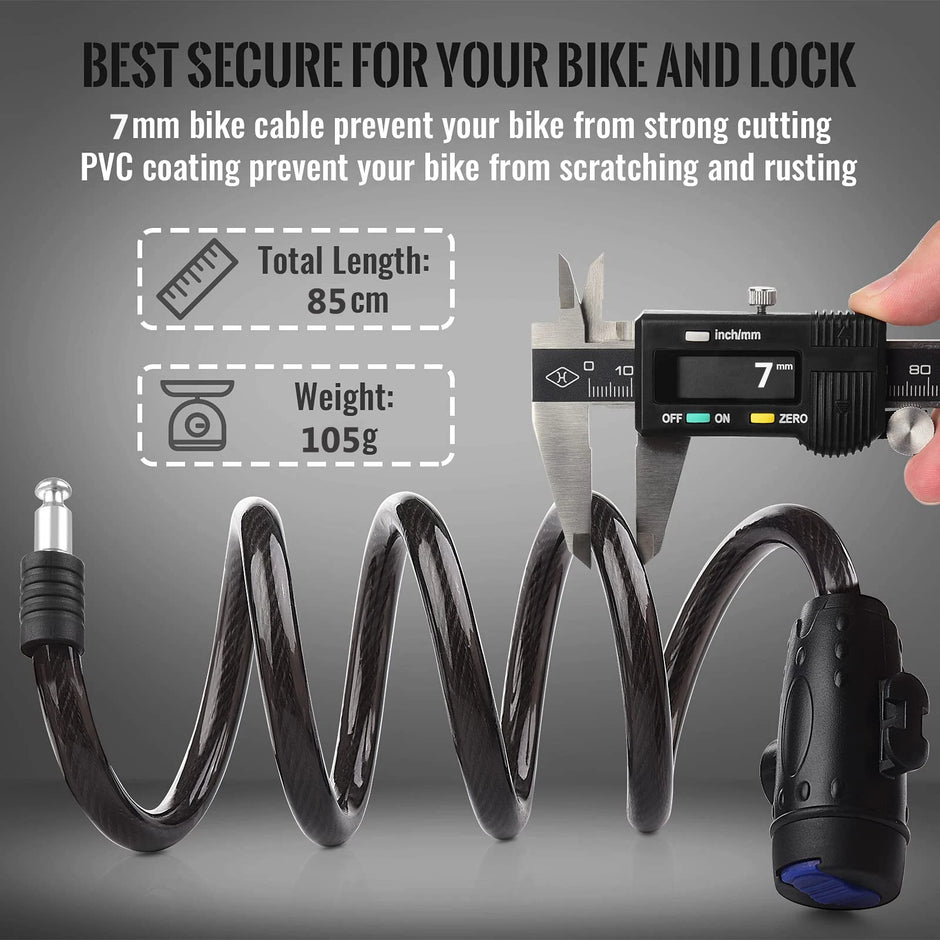 Bicycle lock with digital caliper showing measurement, text about security, and product details on a gray background.