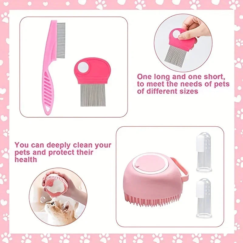 Pet grooming tools set with pink brush and comb on a pink background with paw prints.