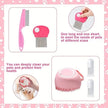Pet grooming tools set with pink brush and comb on a pink background with paw prints.