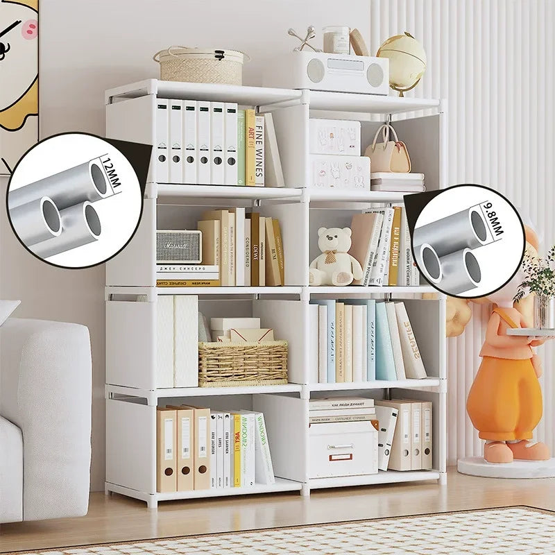 White bookshelf with books and decorative items, featuring close-up insets of metal pipes.