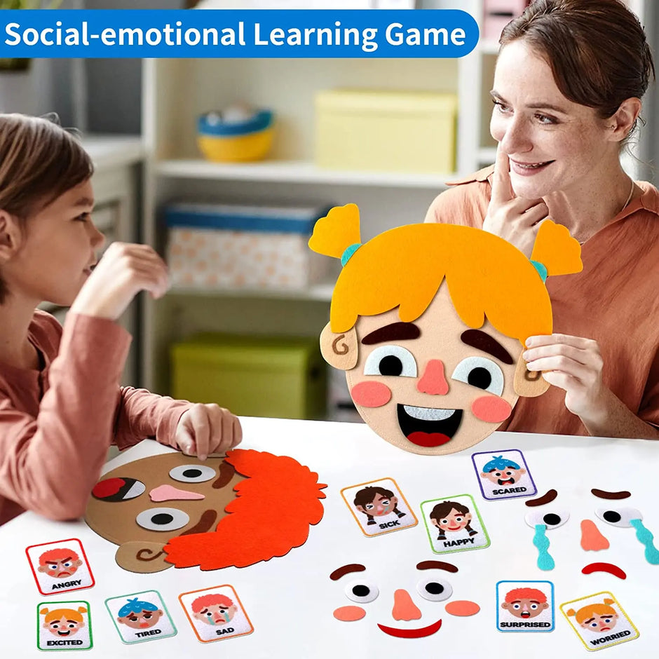 Two children playing with a social-emotional learning game involving face masks and emotion cards.