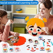 Two children playing with a social-emotional learning game involving face masks and emotion cards.