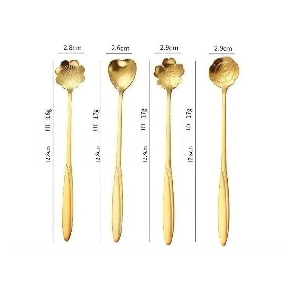 Set of four gold spoons with measurements on a white background