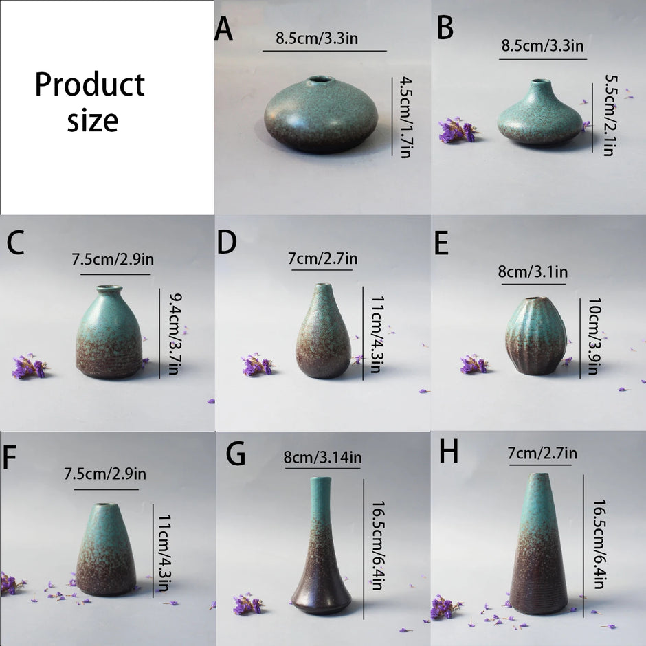 Set of ceramic vases with measurements on a light gray background