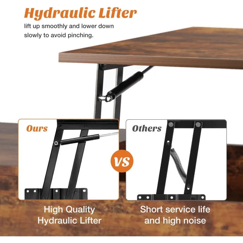 Hydraulic lifter comparison with 'Ours' high quality design and 'Others' short service life and high noise on a wooden table background.