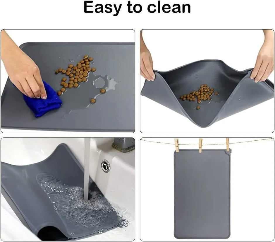 Collage showing a pet mat being cleaned and laid flat.