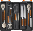 Set of kitchen utensils including knives, spoons, and whisks in a black case.