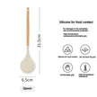 Spatula with wooden handle and silicone head, showing dimensions and material properties on a white background.