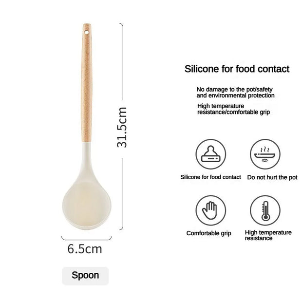 Spatula with wooden handle and silicone head, showing dimensions and material properties on a white background.
