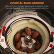 Conical burr grinder with coffee beans inside, highlighting its design and functionality.