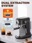 Espresso machine with dual extraction system display and hot and cold drink mode indicators.