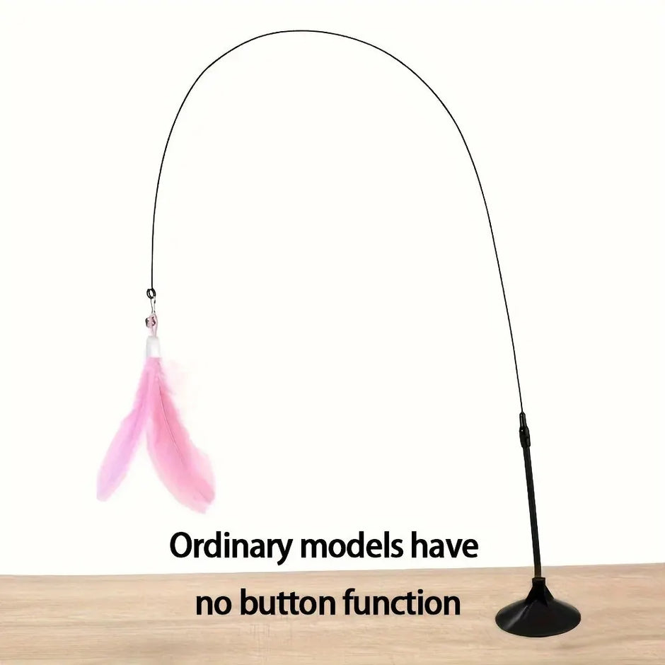 Cat toy with pink feather on a black stand on a white background