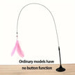 Cat toy with pink feather on a black stand on a white background