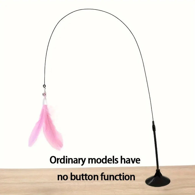 Cat toy with pink feather on a black stand on a white background