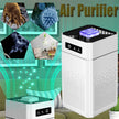 Air purifier with images of pollutants and a clean room on a green background