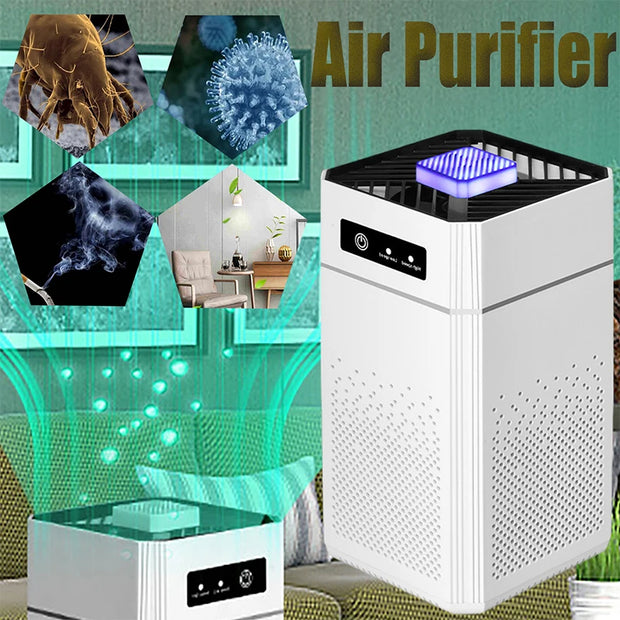 Air purifier with images of pollutants and a clean room on a green background