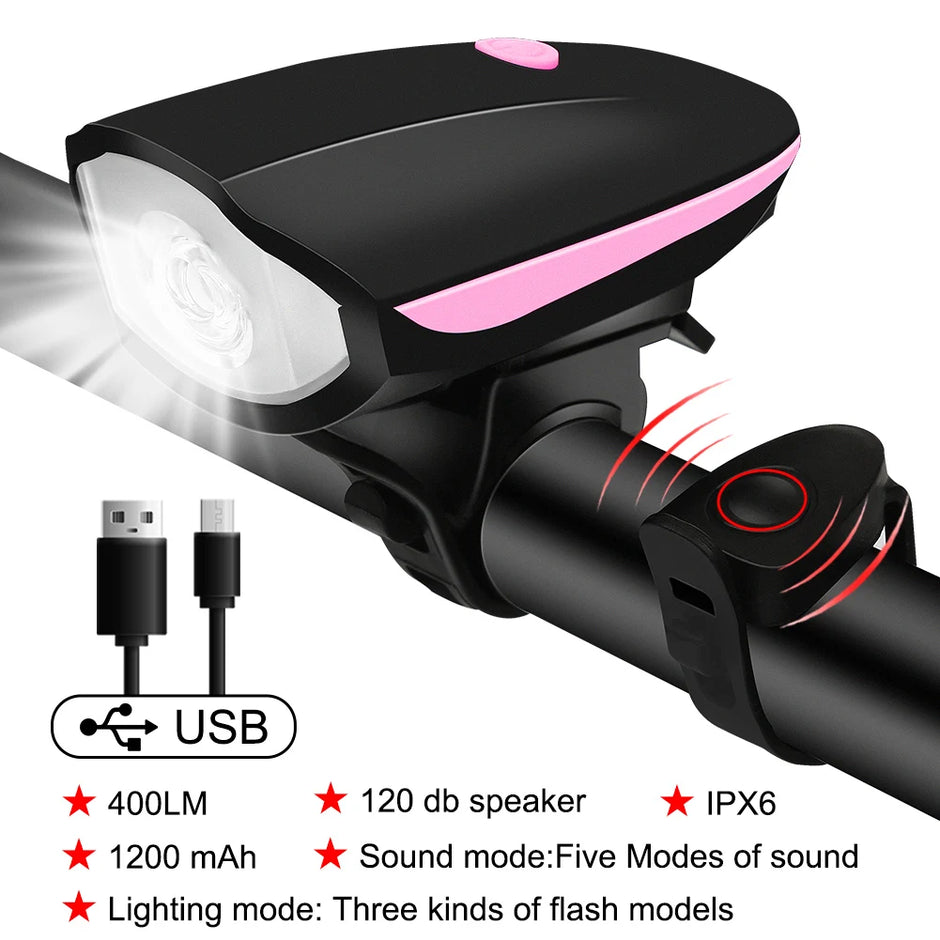 Bicycle light with USB cable, speaker, and various features on a white background