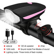 Bicycle light with USB cable, speaker, and various features on a white background